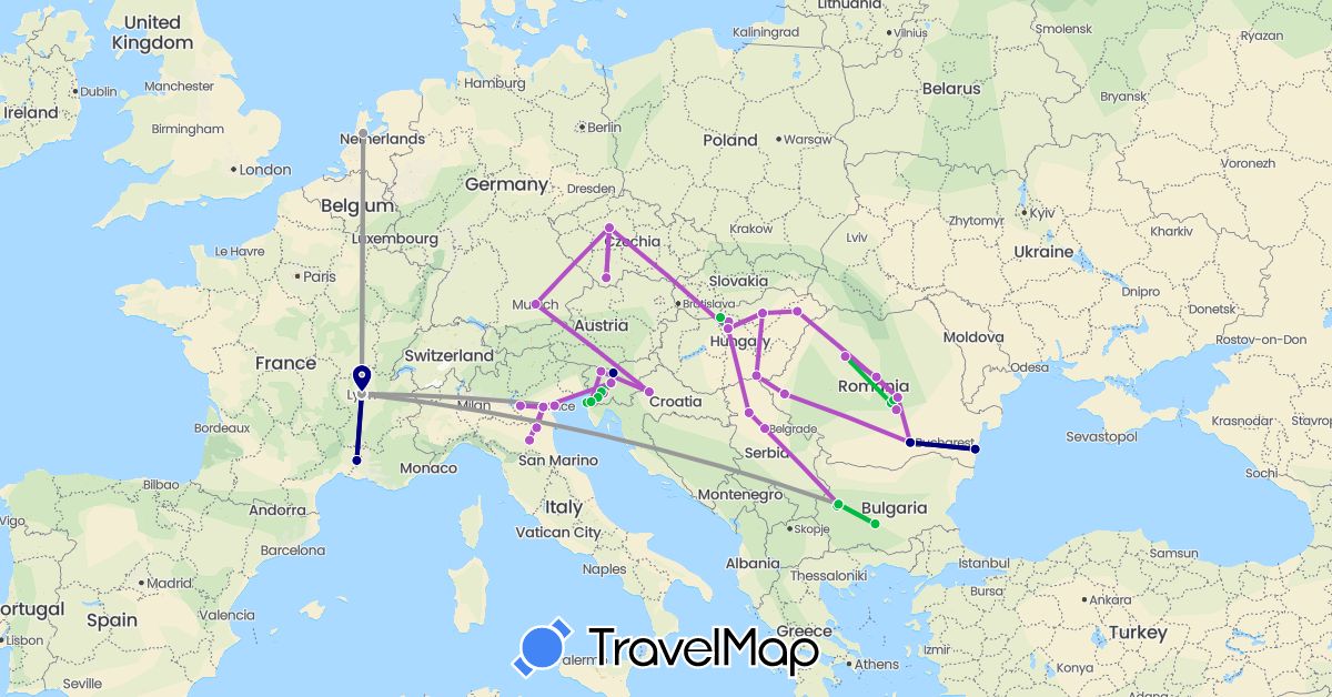 TravelMap itinerary: driving, bus, plane, train, hiking in Bulgaria, Czech Republic, Germany, France, Croatia, Hungary, Italy, Netherlands, Romania, Serbia, Slovenia (Europe)